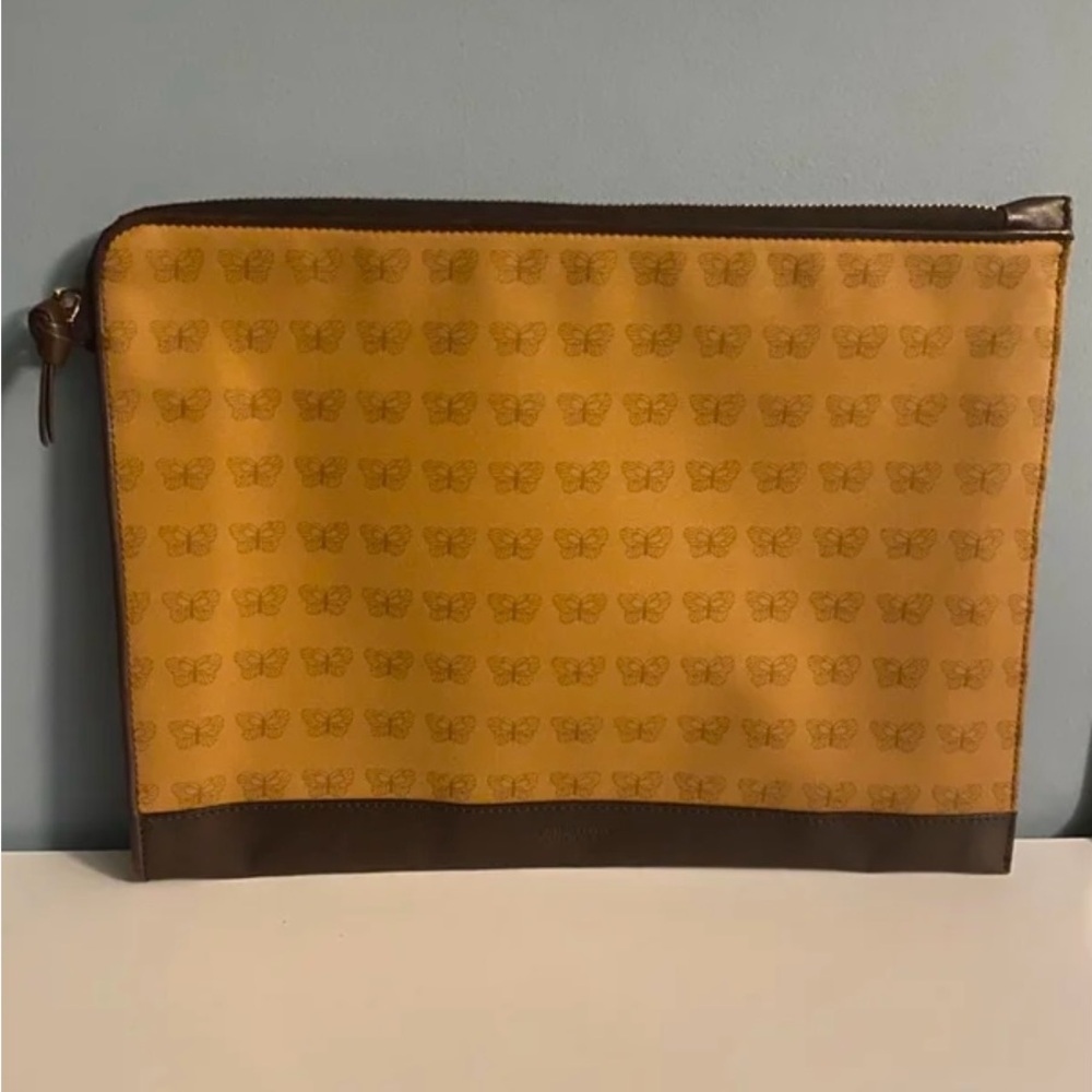 Vintage Bottega Veneta Khaki Canvas and Brown Leather Butterfly-Print Zip Pouch